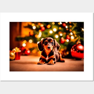 Tiny Dachshund Puppy with Christmas Gifts Posters and Art